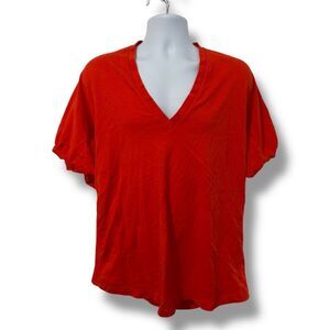 Zara T-Shirt Womens XS Orange V-Neck Short Sleeve Puff Sleeve